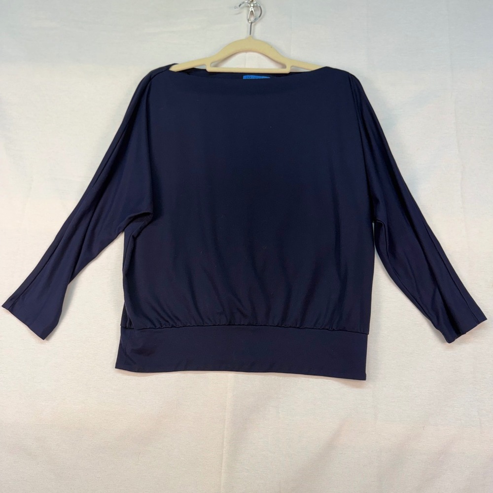 J.McLaughlin Navy Blue Boat Neck Dolman Sleeve Smocked Waist Knit Top Medium